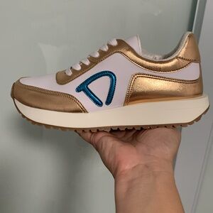 Rose Gold and White Women's Sneakers with Blue Accent